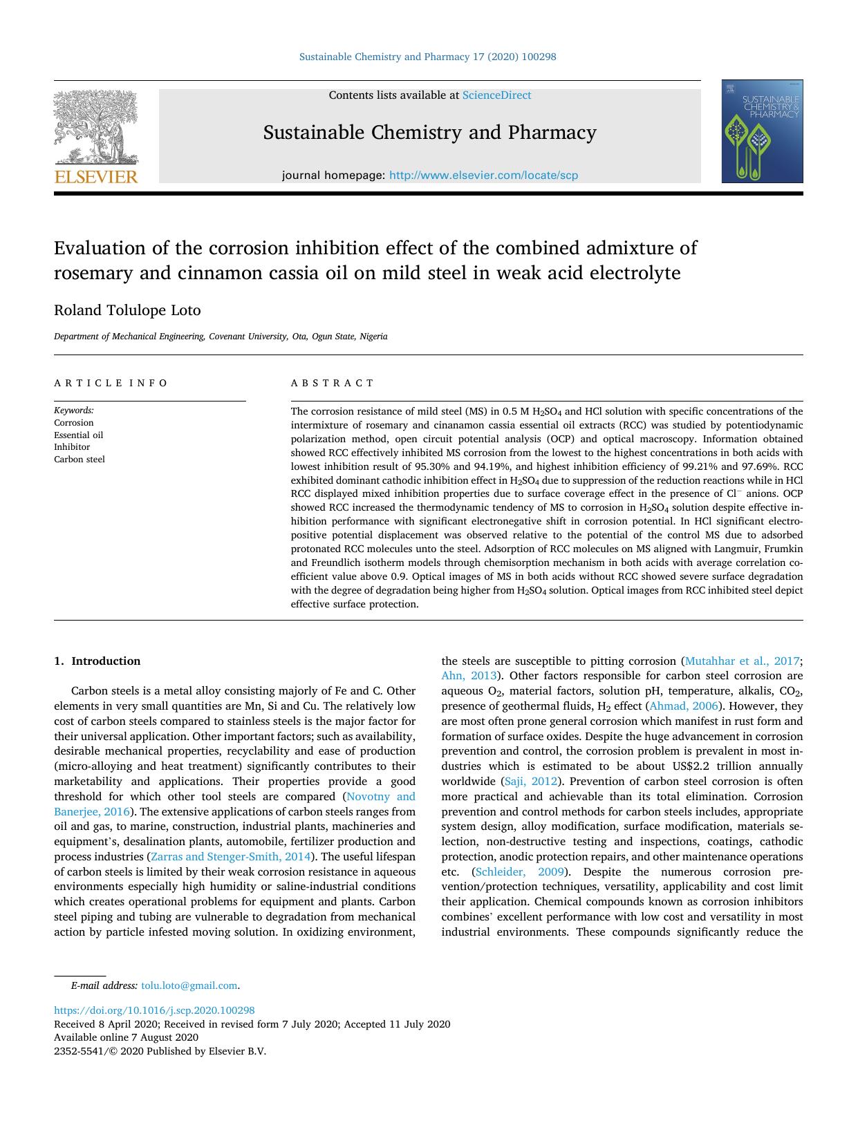 Evaluation of the corrosion inhibition effect of the combined admixture of rosemary and cinnamon cassia oil on mild steel in weak acid electrolyte by Roland Tolulope Loto