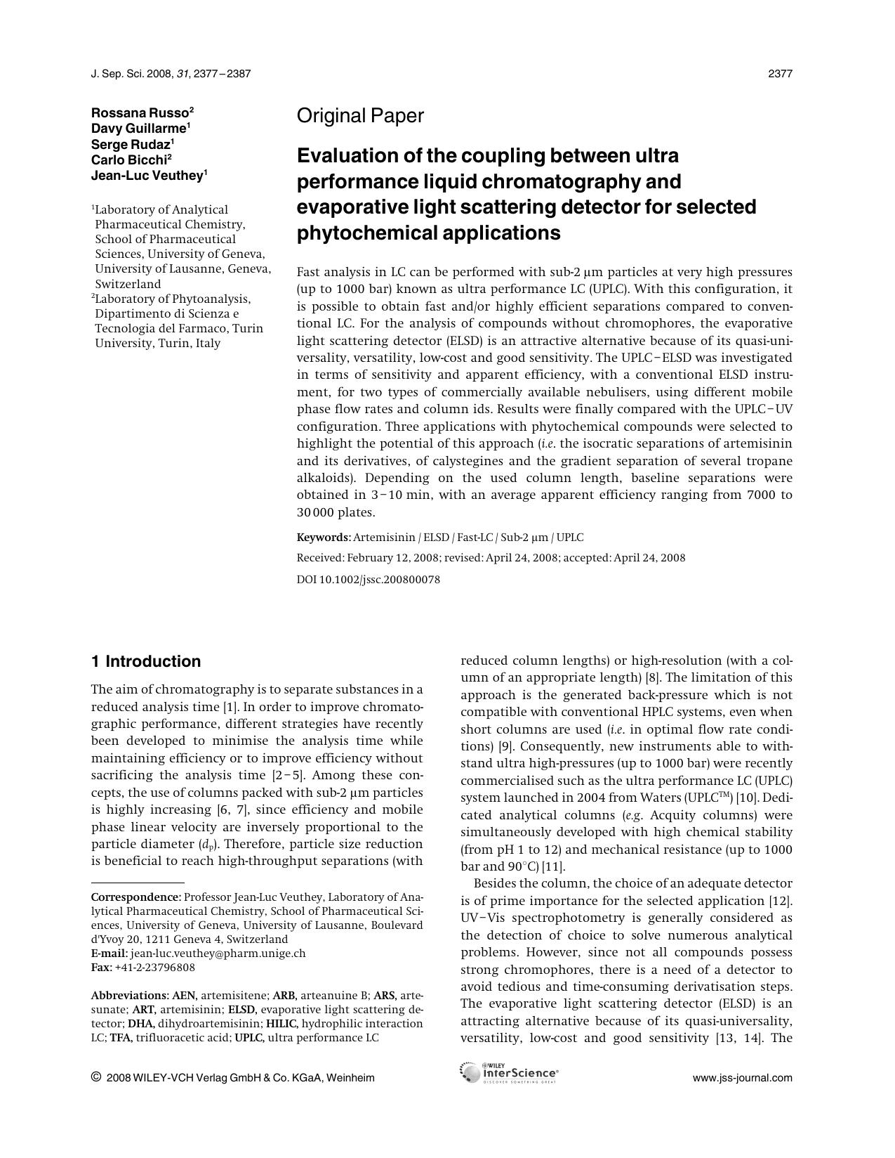 Evaluation of the coupling between ultra performance liquid chromatography and evaporative light scattering detector for selected phytochemical applications by Unknown