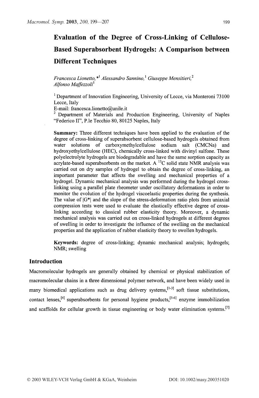 Evaluation of the degree of cross-linking of cellulose-based superabsorbent hydrogels: a comparison between different techniques by Unknown