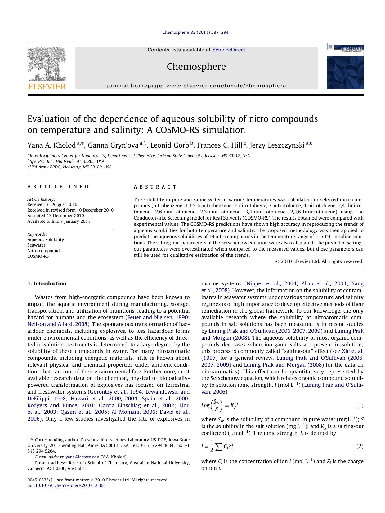 Evaluation of the dependence of aqueous solubility of nitro compounds on temperature and salinity: A COSMO-RS simulation by Yana A. Kholod & Ganna Gryn’ova & Leonid Gorb & Frances C. Hill & Jerzy Leszczynski