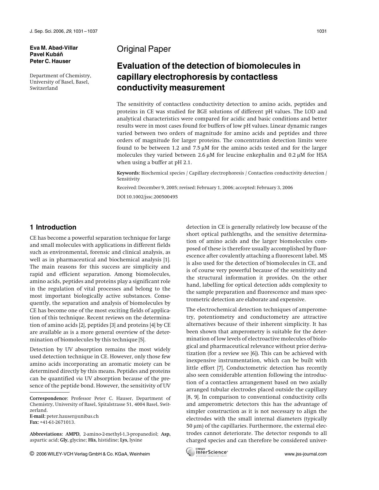 Evaluation of the detection of biomolecules in capillary electrophoresis by contactless conductivity measurement by Unknown