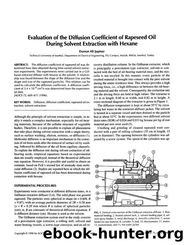 Evaluation of the diffusion coefficient of rapeseed oil during solvent extraction with hexane by Unknown