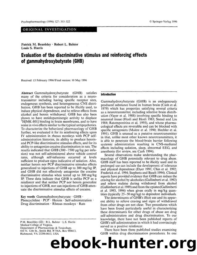 Evaluation of the discriminative stimulus and reinforcing effects of gammahydroxybutyrate (GHB) by Unknown