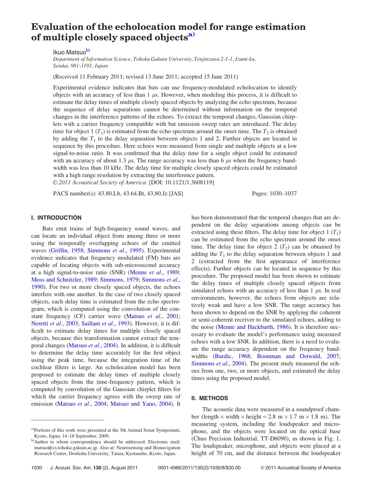 Evaluation of the echolocation model for range estimation of multiple closely spaced objects by Ikuo Matsuo