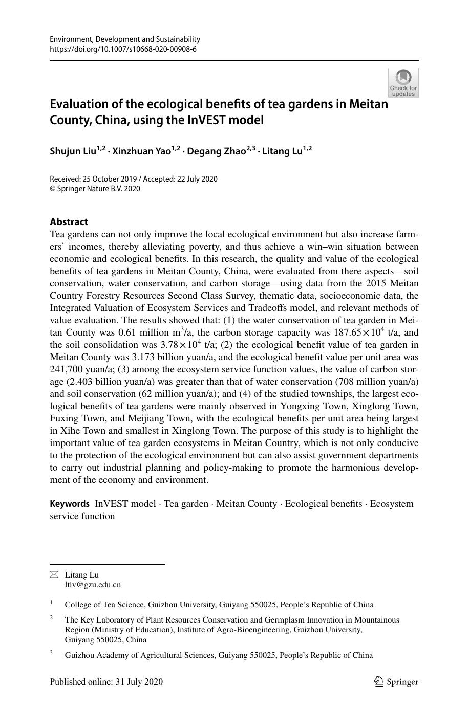 Evaluation of the ecological benefits of tea gardens in Meitan County, China, using the InVEST model by Shujun Liu & Xinzhuan Yao & Degang Zhao & Litang Lu