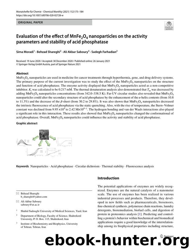 Evaluation of the effect of MnFe2O4 nanoparticles on the activity parameters and stability of acid phosphatase by Sima Moradi & Behzad Shareghi & Ali Akbar Saboury & Sadegh Farhadian