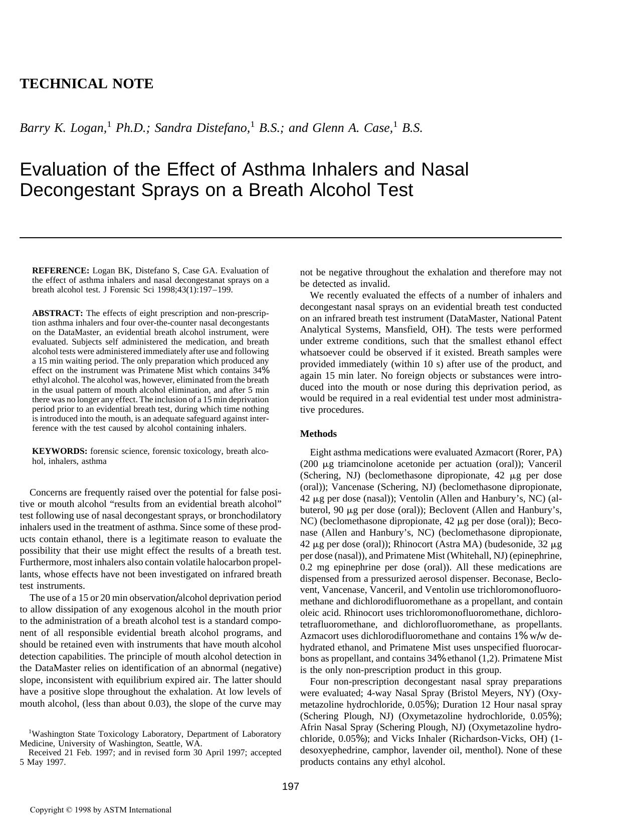 Evaluation of the effect of asthma inhalers and nasal decongestanat sprays on a breath alcohol test by Logan BK Distefano S Case GA