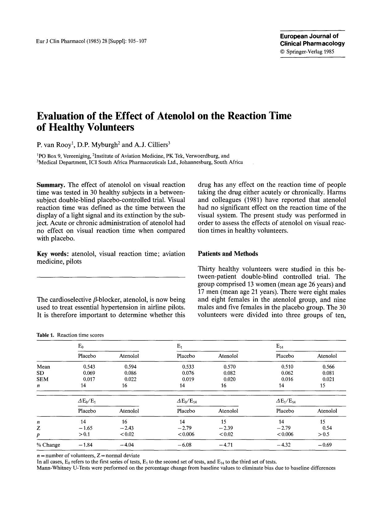 Evaluation of the effect of atenolol on the reaction time of healthy volunteers by Unknown