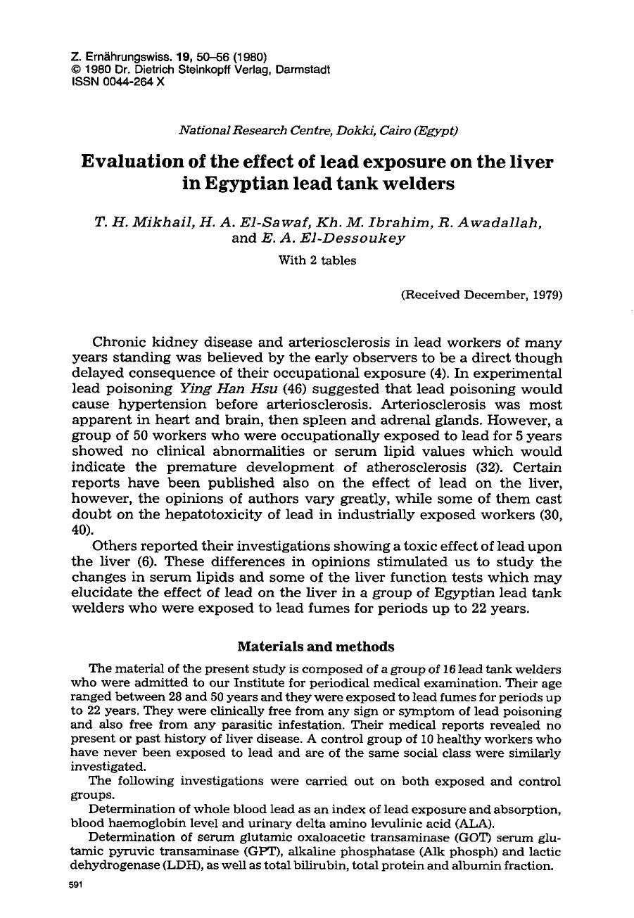 Evaluation of the effect of lead exposure on the liver in Egyptian lead tank welders by Unknown