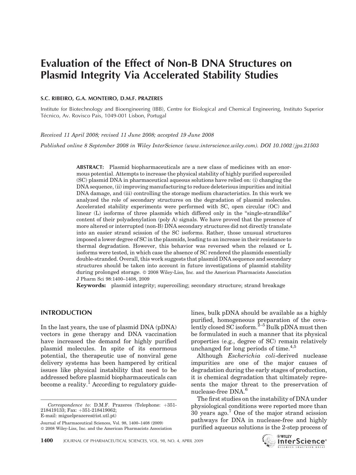 Evaluation of the effect of non-B DNA structures on plasmid integrity via accelerated stability studies by Unknown