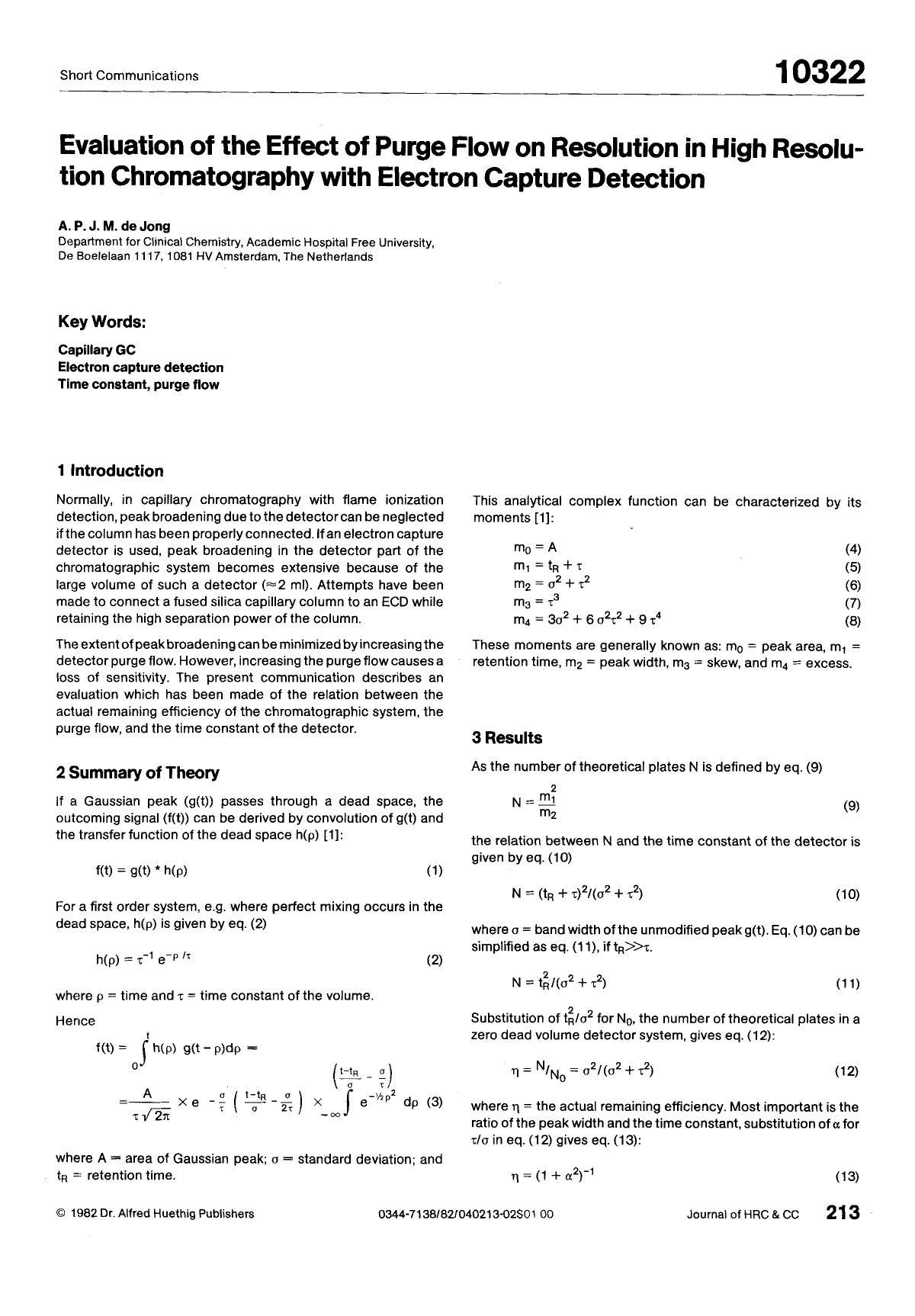 Evaluation of the effect of purge flow on resolution in high resolution chromatography with electron capture detection by Unknown