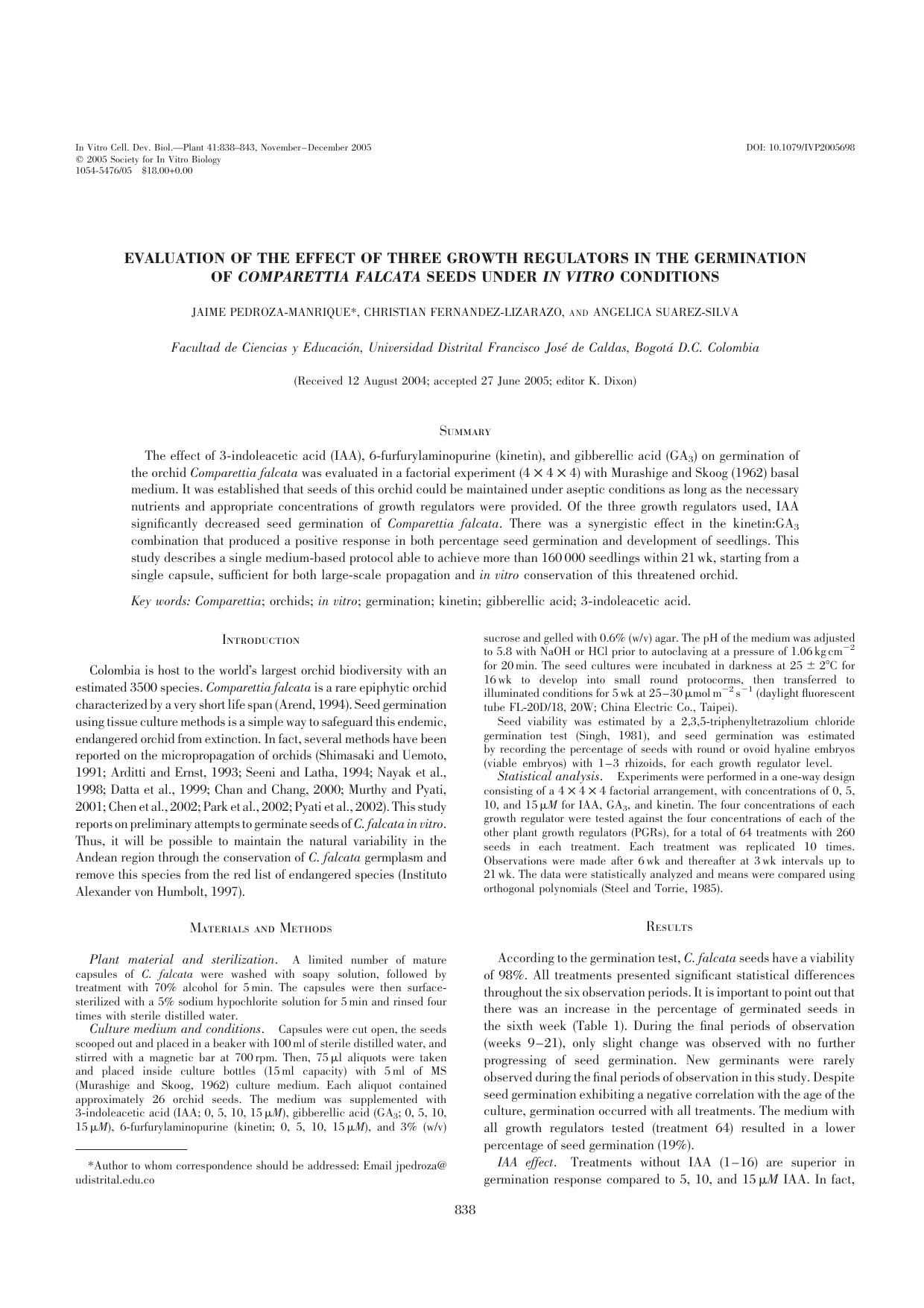 Evaluation of the effect of three growth regulators in the germination of <Emphasis Type="Italic">comparettia falcata <Emphasis> seeds under <Emphasis Type="Italic">in vitro <Emphasis> conditions by Unknown