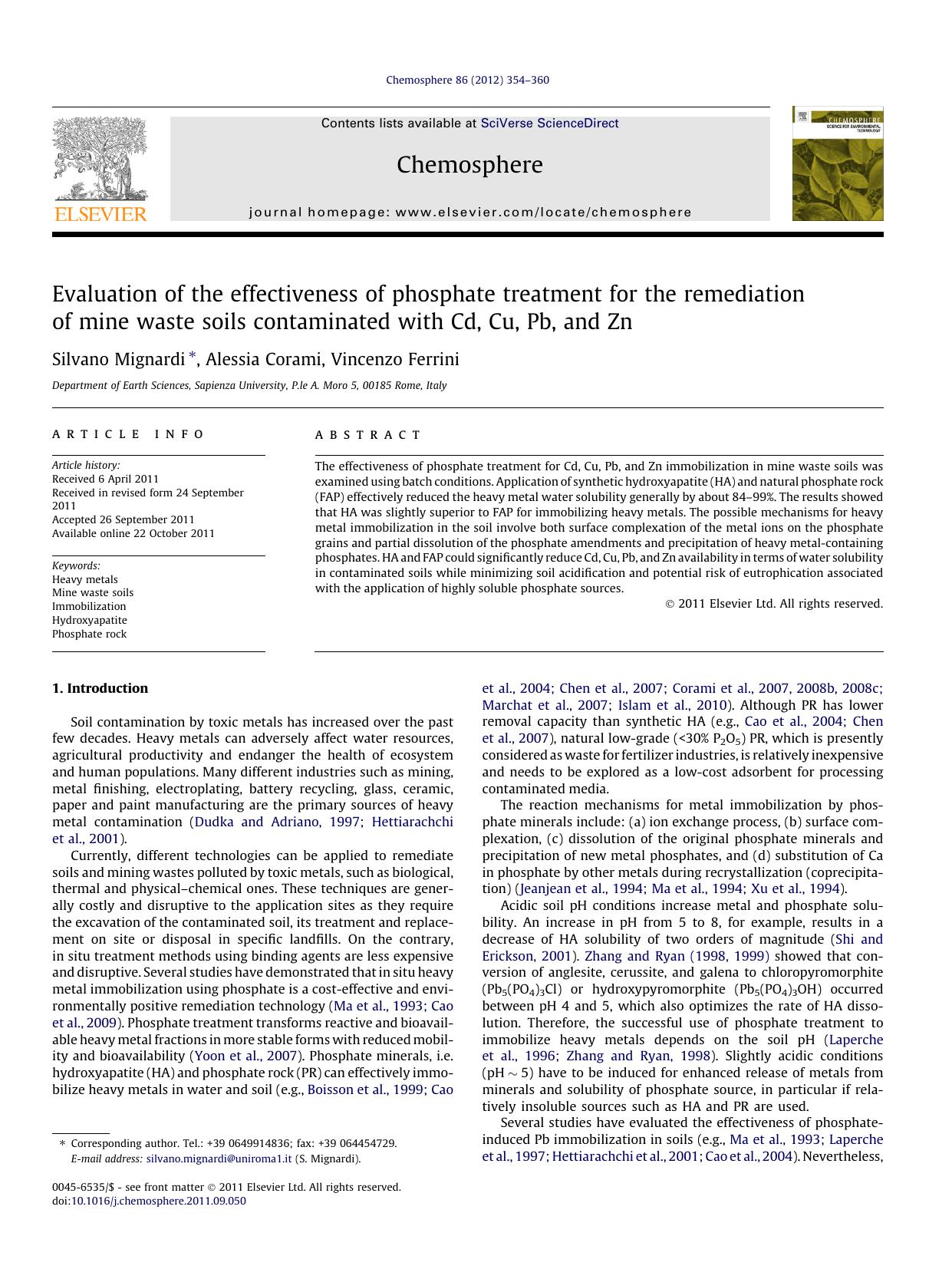Evaluation of the effectiveness of phosphate treatment for the remediation of mine waste soils contaminated with Cd, Cu, Pb, and Zn by Silvano Mignardi & Alessia Corami & Vincenzo Ferrini