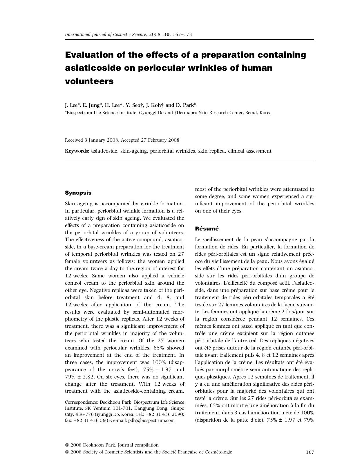 Evaluation of the effects of a preparation containing asiaticoside on periocular wrinkles of human volunteers by Unknown