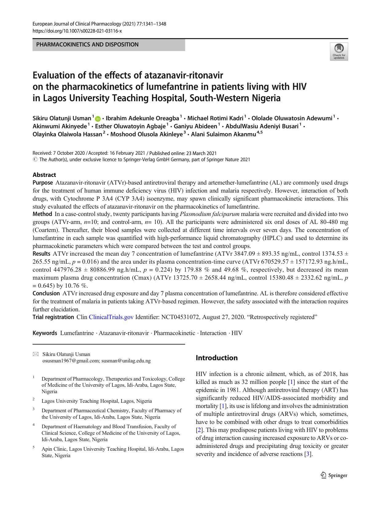 Evaluation of the effects of atazanavir-ritonavir on the pharmacokinetics of lumefantrine in patients living with HIV in Lagos University Teaching Hospital, South-Western Nigeria by unknow