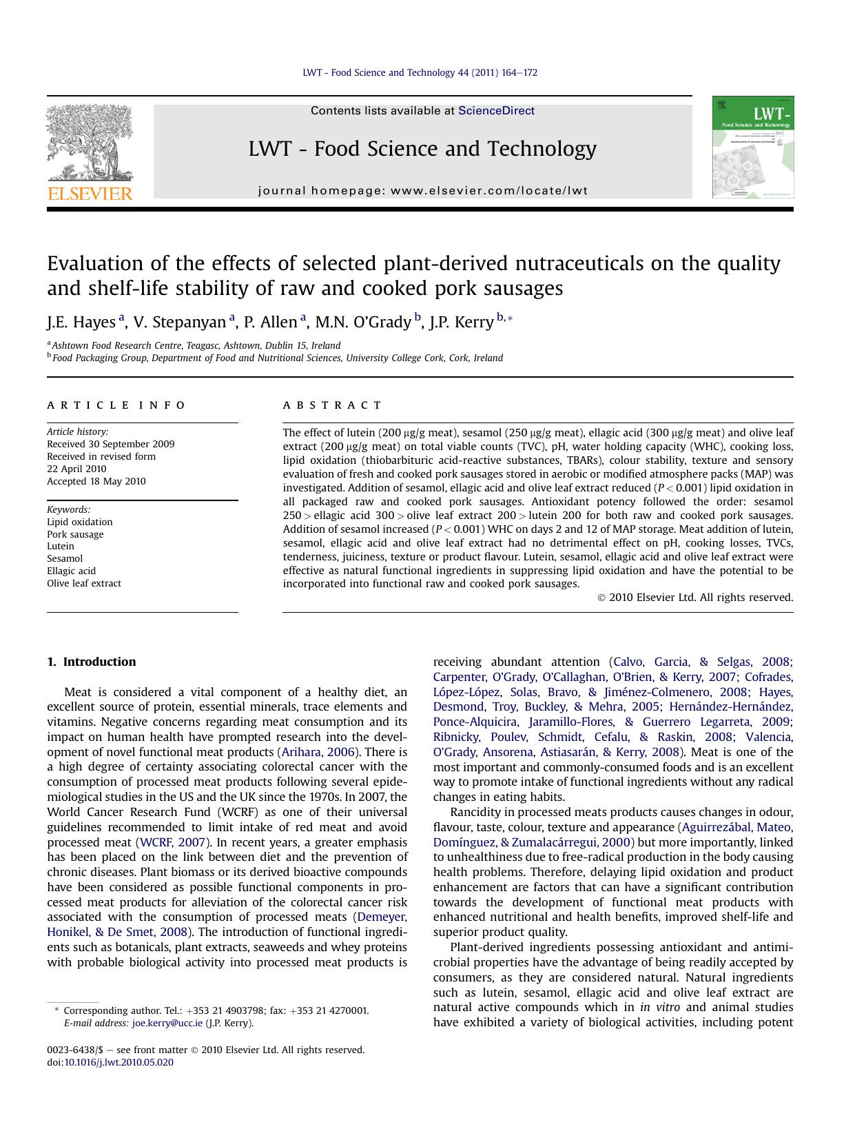 Evaluation of the effects of selected plant-derived nutraceuticals on the quality and shelf-life stability of raw and cooked pork sausages by J.E. Hayes & V. Stepanyan & P. Allen & M.N. O’Grady & J.P. Kerry