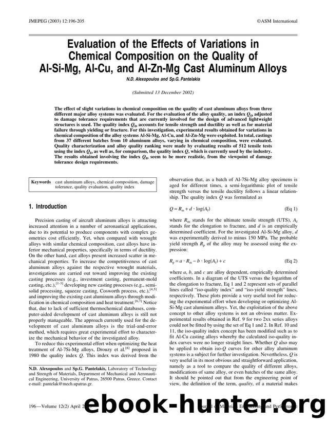 Evaluation of the effects of variations in chemical composition on the quality of Al-Si-Mg, Al-Cu, and Al-Zn-Mg cast aluminum alloys by Unknown