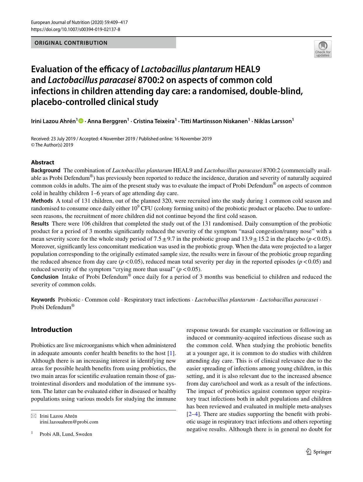 Evaluation of the efficacy of Lactobacillus plantarum HEAL9 and Lactobacillus paracasei 8700:2 on aspects of common cold infections in children attending day care: a randomised, do by unknow