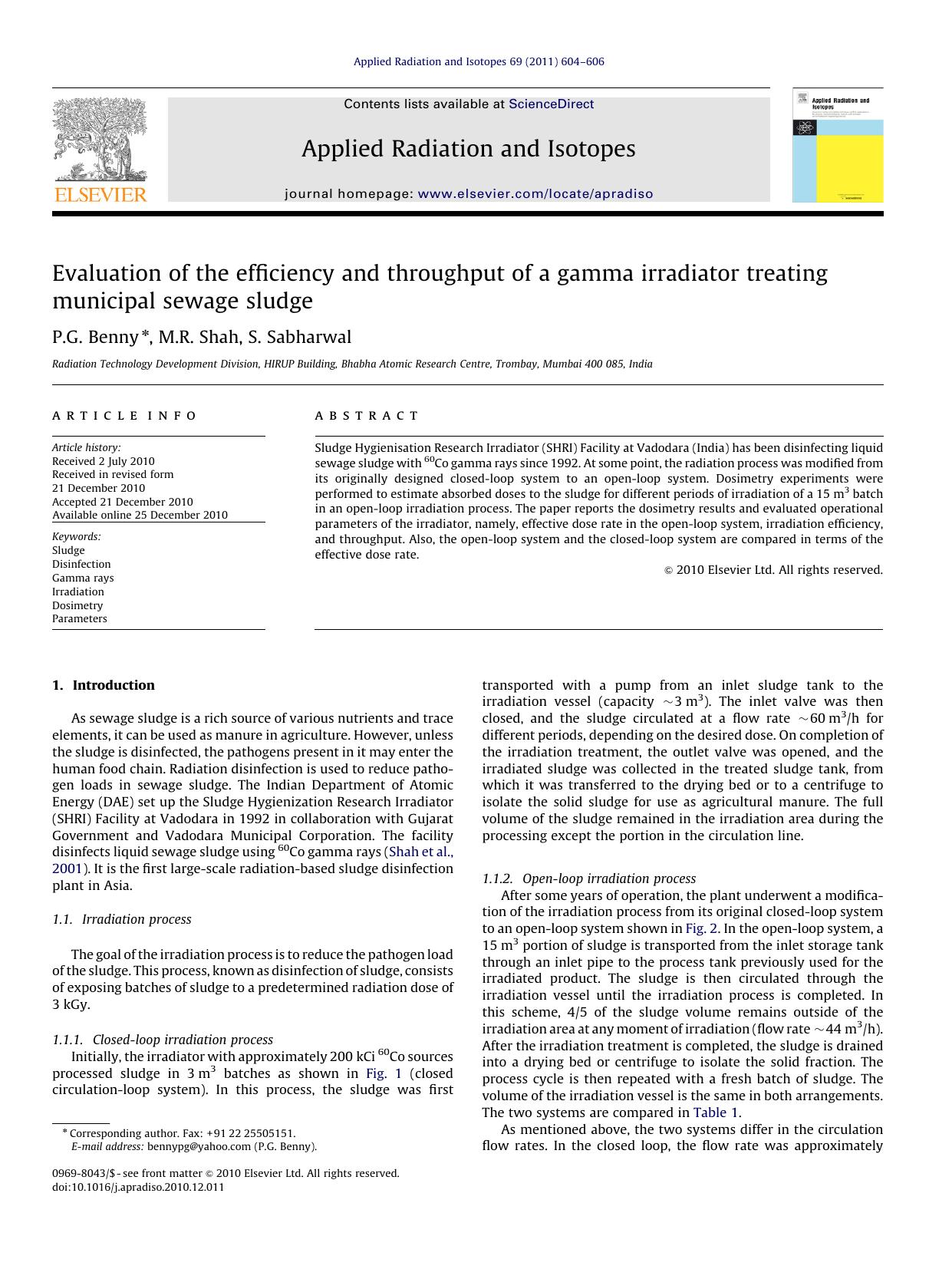 Evaluation of the efficiency and throughput of a gamma irradiator treating municipal sewage sludge by P.G. Benny & M.R. Shah & S. Sabharwal