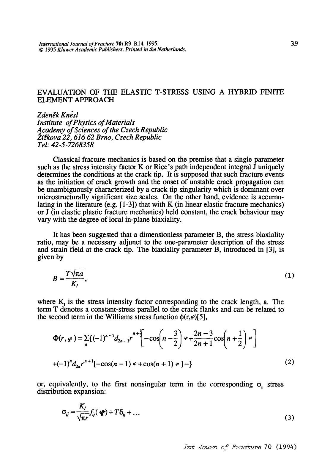 Evaluation of the elastic T-stress using a hybrid finite element approach by Unknown