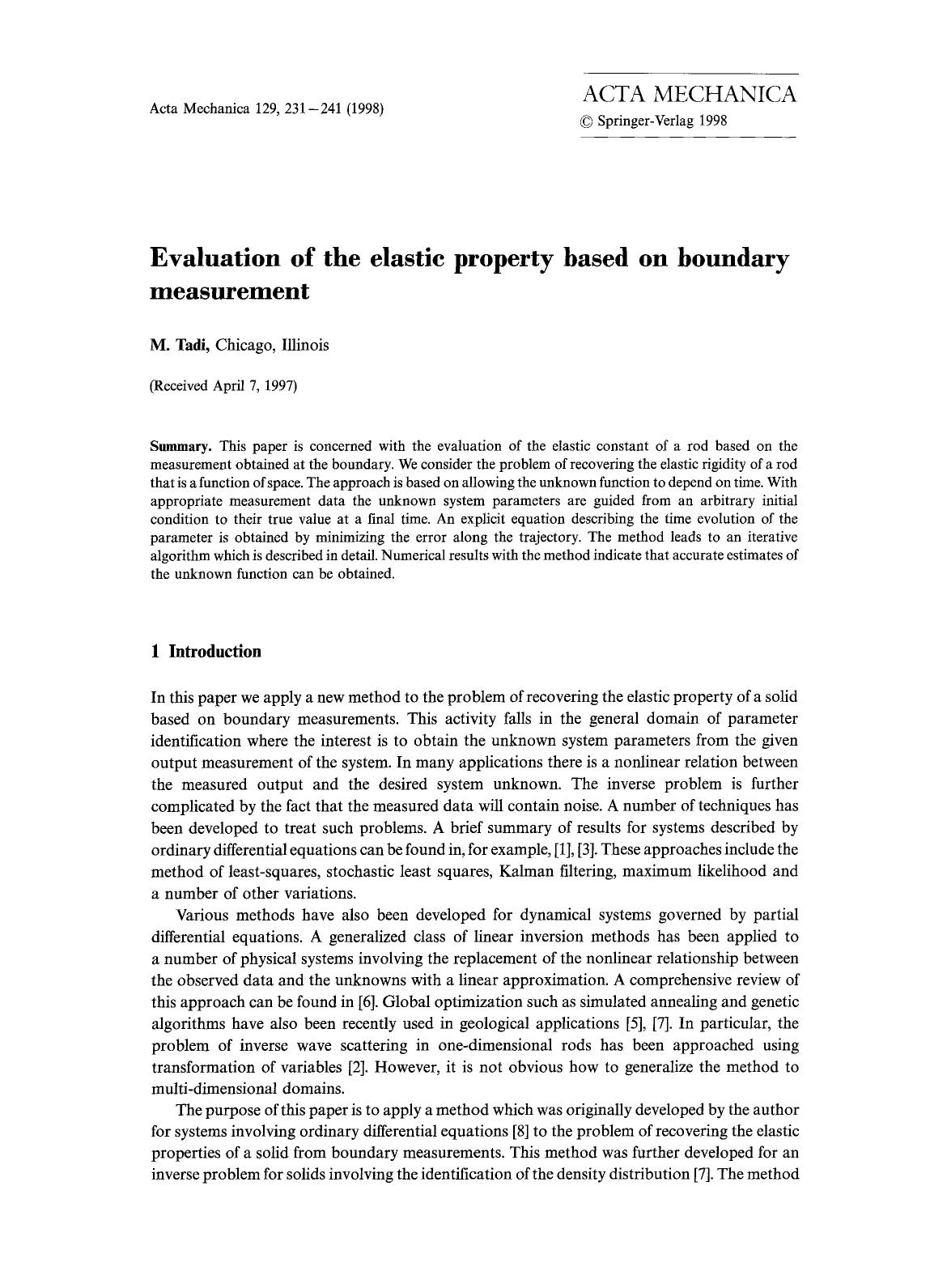 Evaluation of the elastic property based on boundary measurement by Unknown