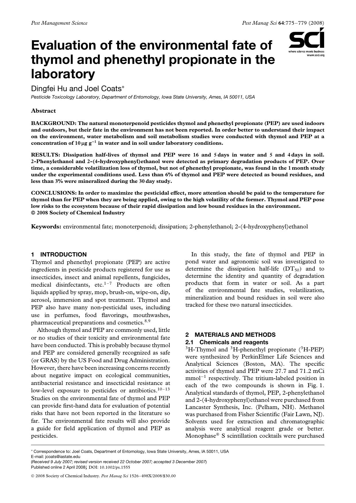 Evaluation of the environmental fate of thymol and phenethyl propionate in the laboratory by Unknown