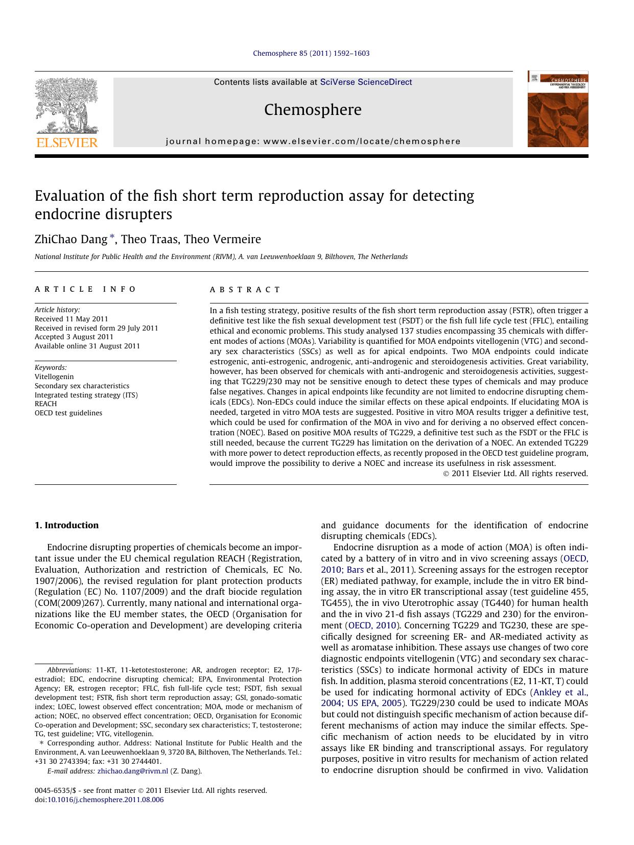 Evaluation of the fish short term reproduction assay for detecting endocrine disrupters by ZhiChao Dang & Theo Traas & Theo Vermeire