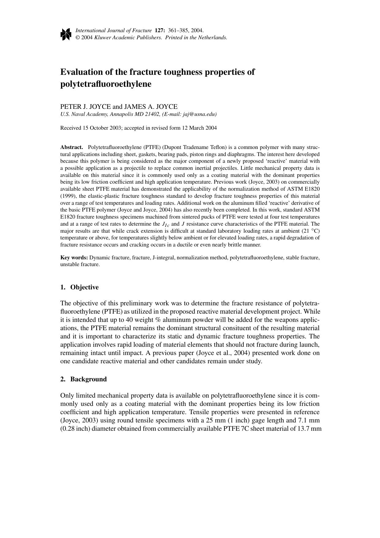 Evaluation of the fracture toughness properties of polytetrafluoroethylene by Unknown