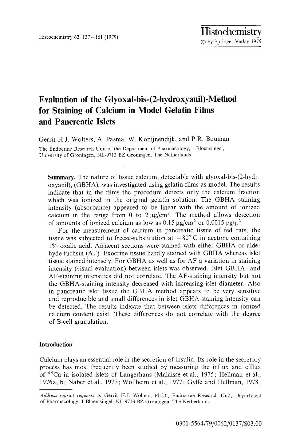 Evaluation of the glyoxal-bis-(2-hydroxyanil)-method for staining of calcium in model gelatin films and pancreatic islets by Unknown