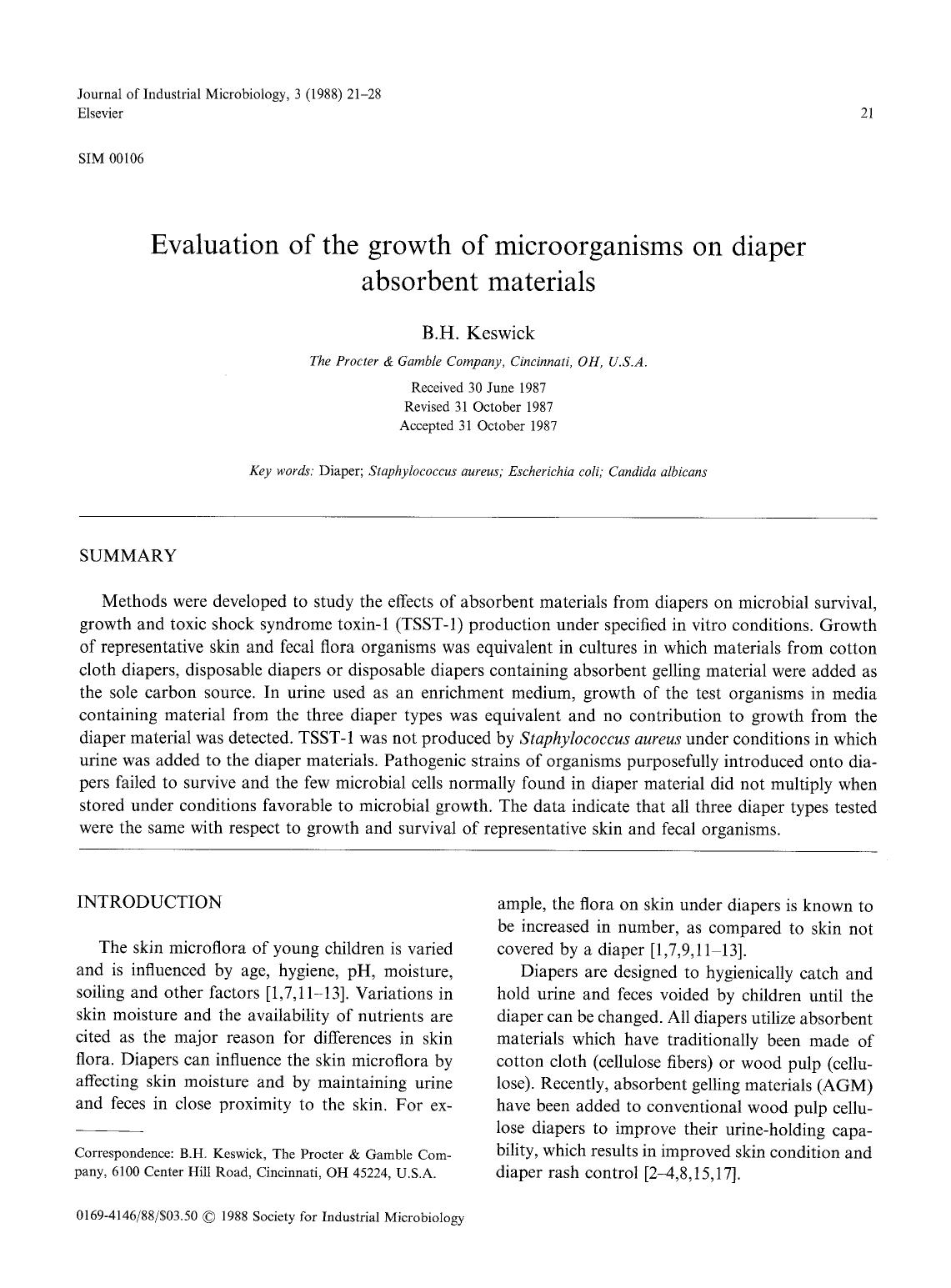 Evaluation of the growth of microorganisms on diaper absorbent materials by Unknown