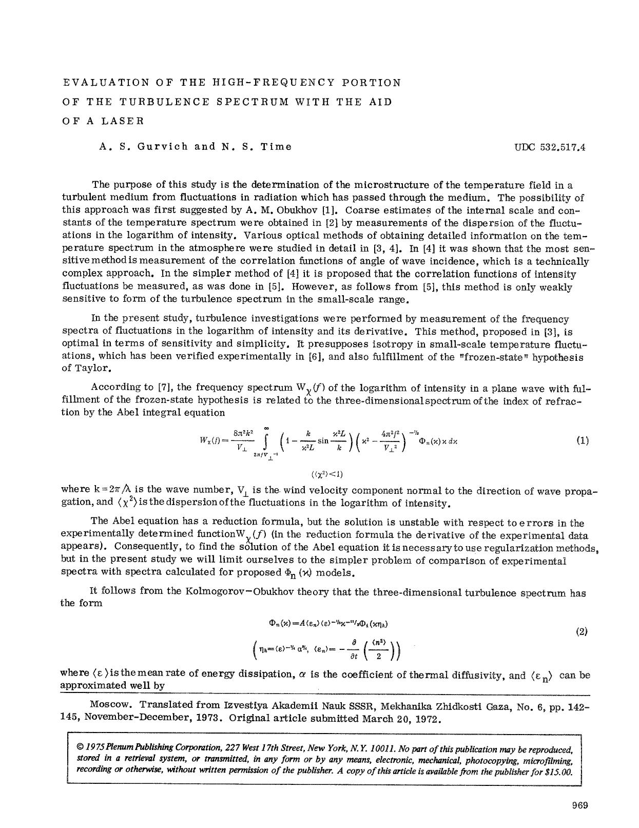 Evaluation of the high-frequency portion of the turbulence spectrum with the aid of a laser by Unknown