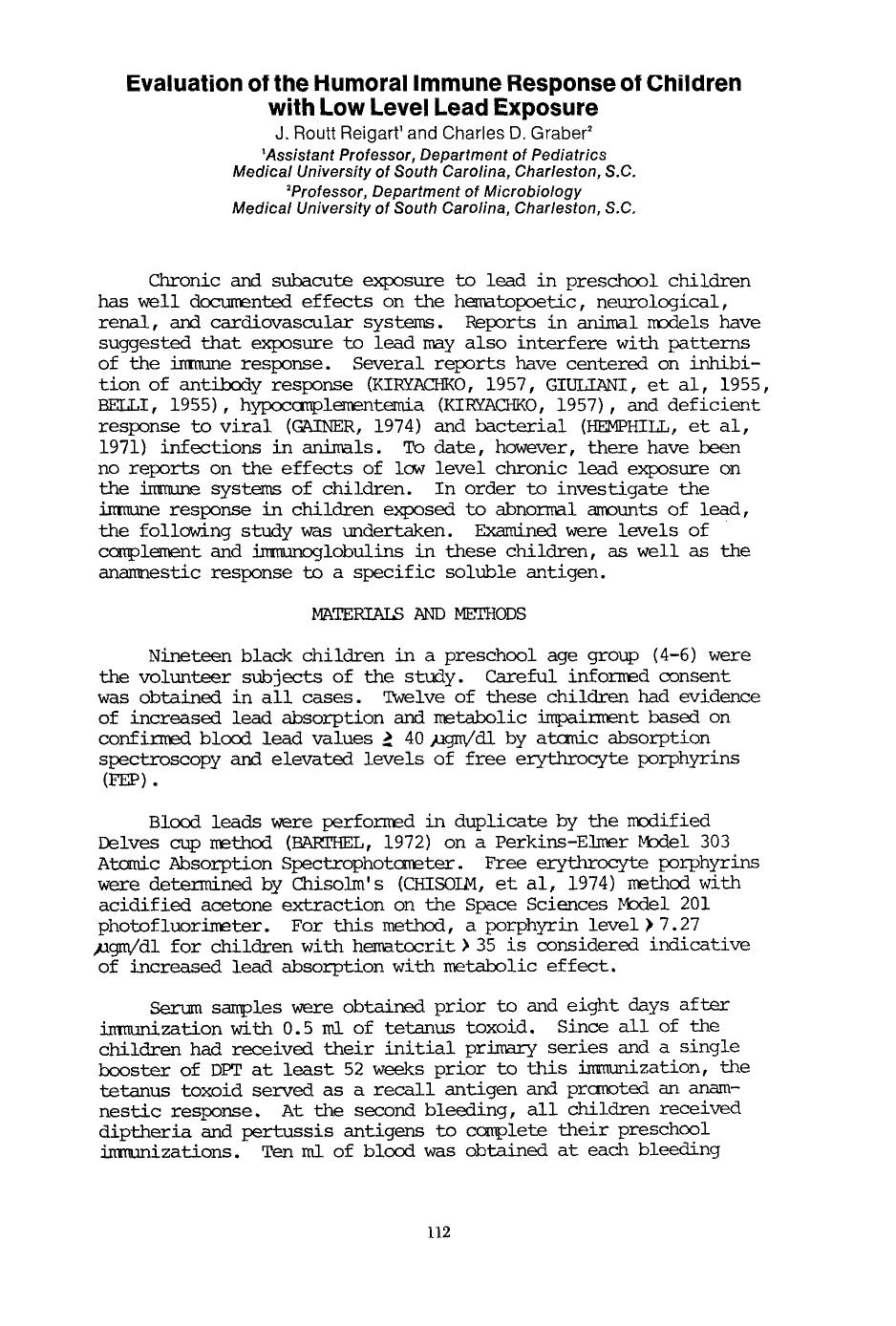 Evaluation of the humoral immune response of children with low level lead exposure by Unknown