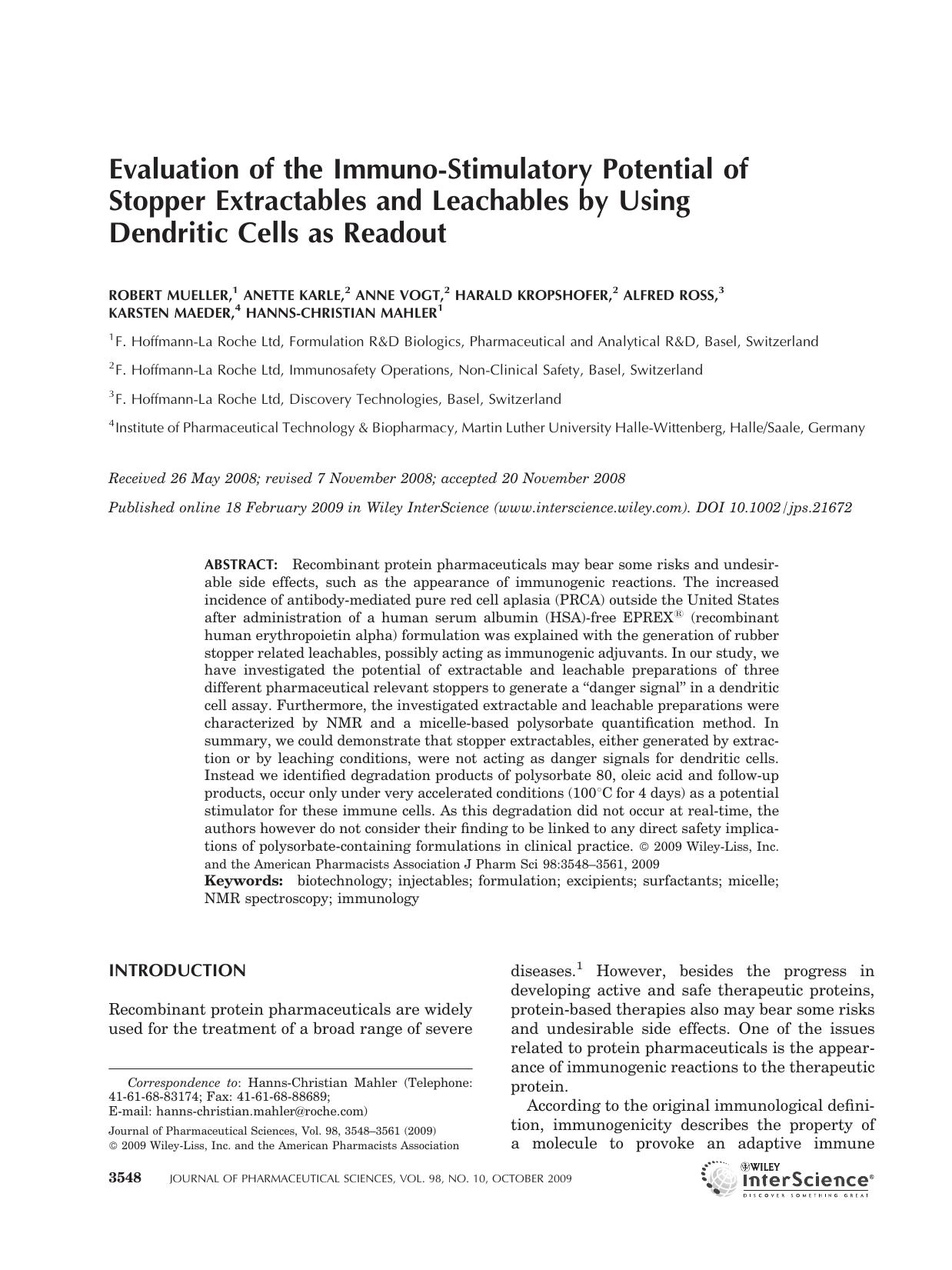 Evaluation of the immuno-stimulatory potential of stopper extractables and leachables by using dendritic cells as readout by Unknown
