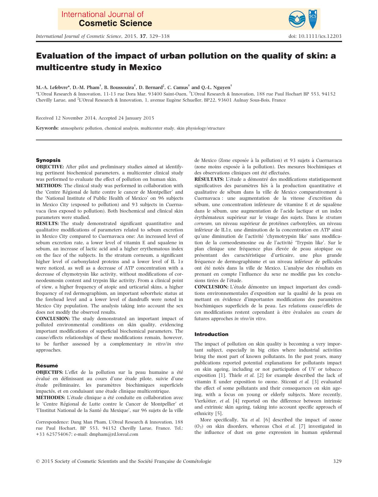 Evaluation of the impact of urban pollution on the quality of skin: a multicentre study in Mexico by Unknown