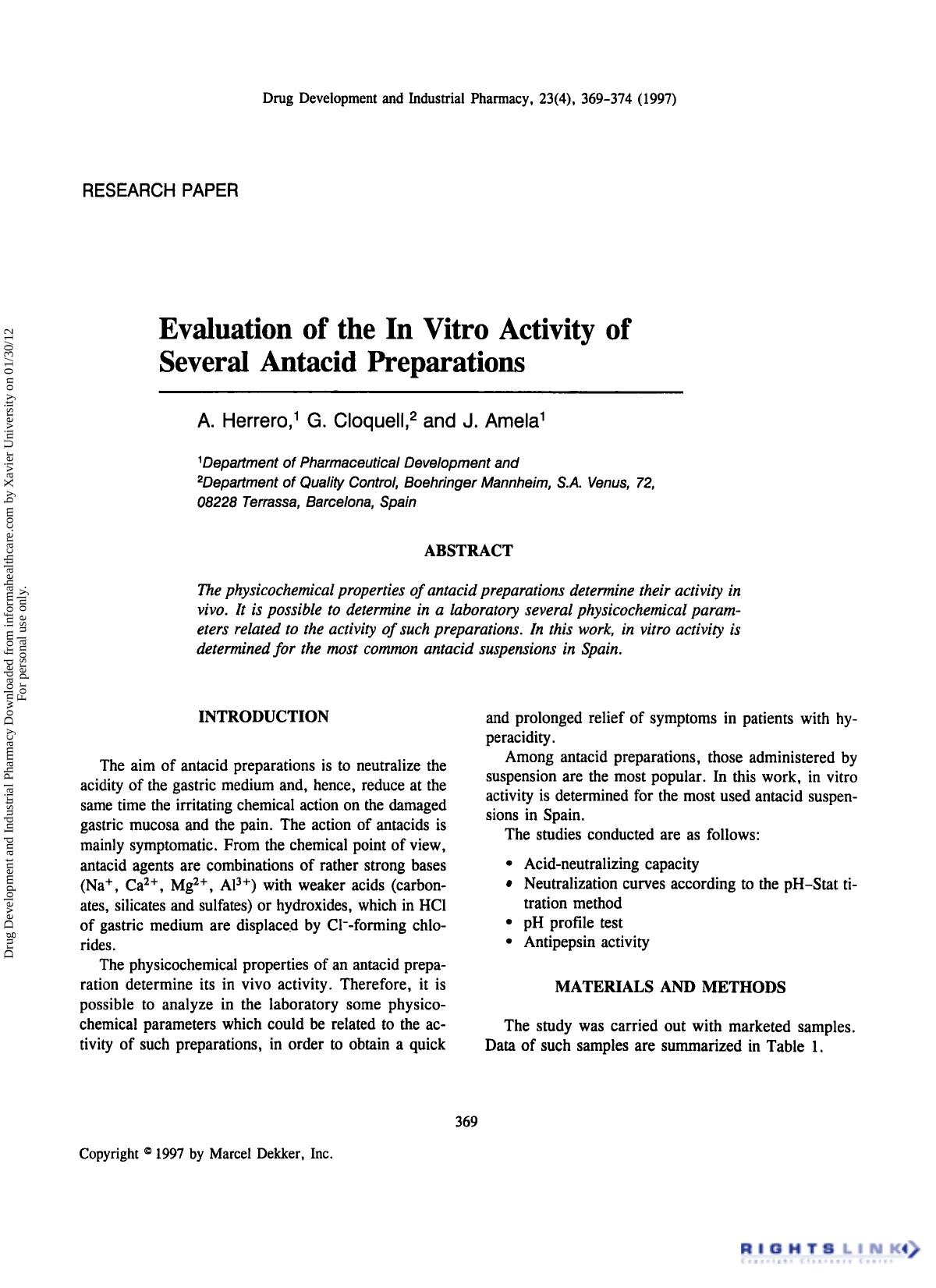 Evaluation of the in Vitro Activity of Several Antacid Preparations by A. Herrero G. Cloquell & J. Amela