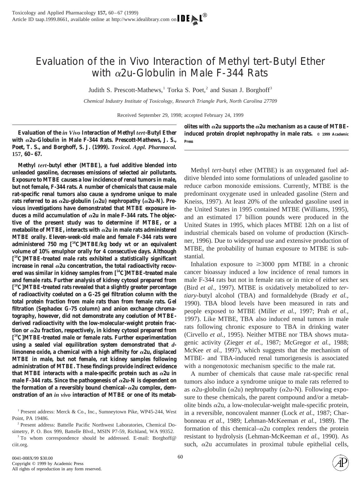Evaluation of the in Vivo Interaction of Methyl tert-Butyl Ether with <alpha>2u-Globulin in Male F-344 Rats by Prescott-Mathews J. S. et al