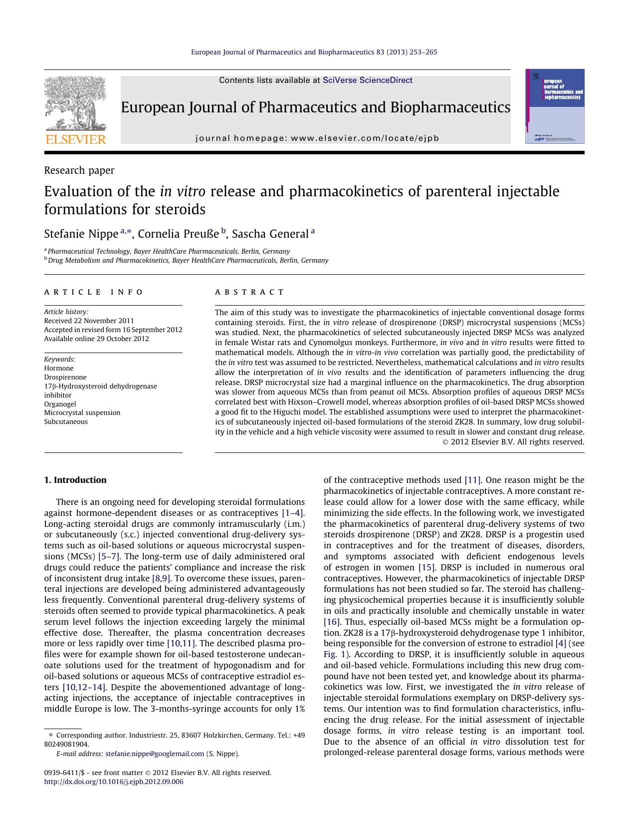 Evaluation of the in vitro release and pharmacokinetics of parenteral injectable formulations for steroids by Stefanie Nippe & Cornelia Preuße & Sascha General