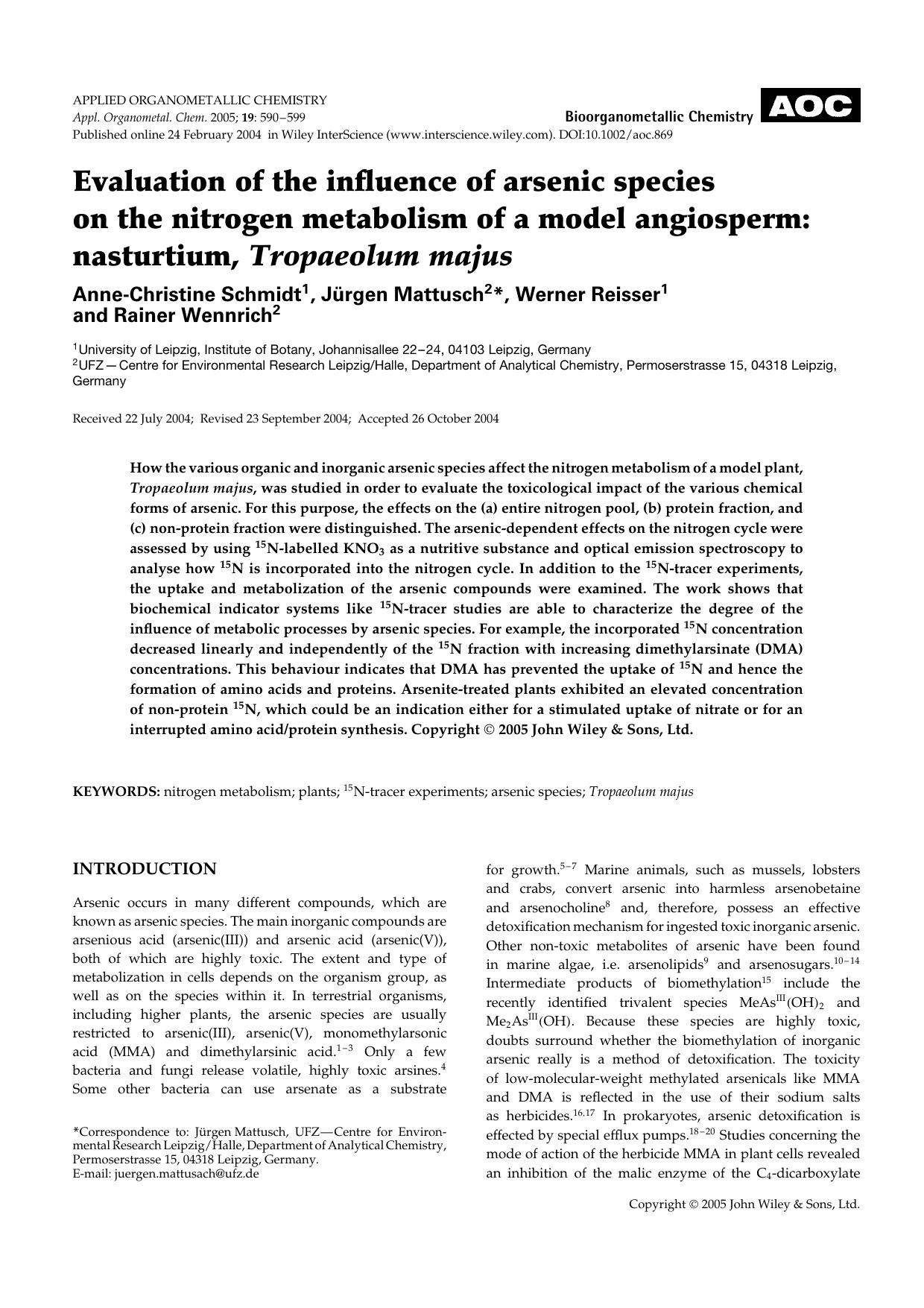 Evaluation of the influence of arsenic species on the nitrogen metabolism of a model angiosperm: nasturtium, Tropaeolum majus by Unknown