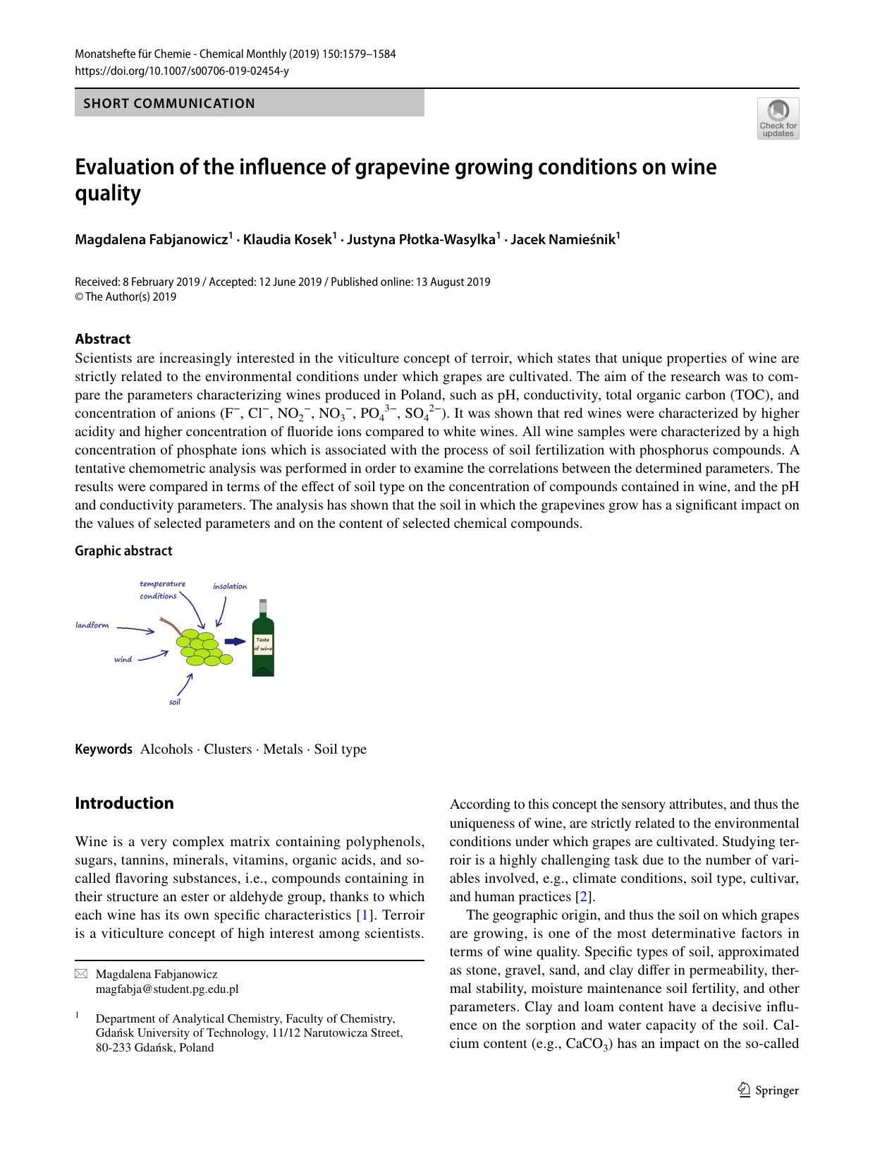 Evaluation of the influence of grapevine growing conditions on wine quality by Magdalena Fabjanowicz & Klaudia Kosek & Justyna Płotka-Wasylka & Jacek Namieśnik