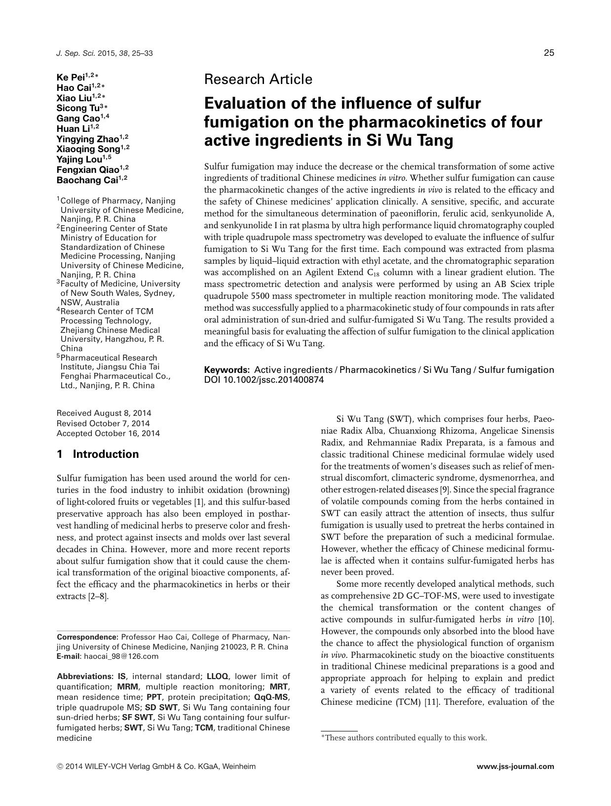Evaluation of the influence of sulfur fumigation on the pharmacokinetics of four active ingredients in Si Wu Tang by Unknown