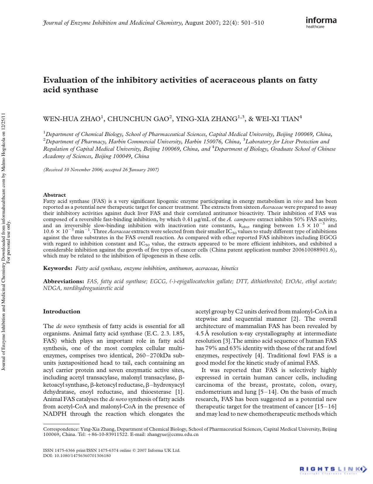 Evaluation of the inhibitory activities of aceraceous plants on fatty acid synthase by Wen-Hua Zhao ChunChun Gao Ying-Xia Zhang Wei-Xi Tian