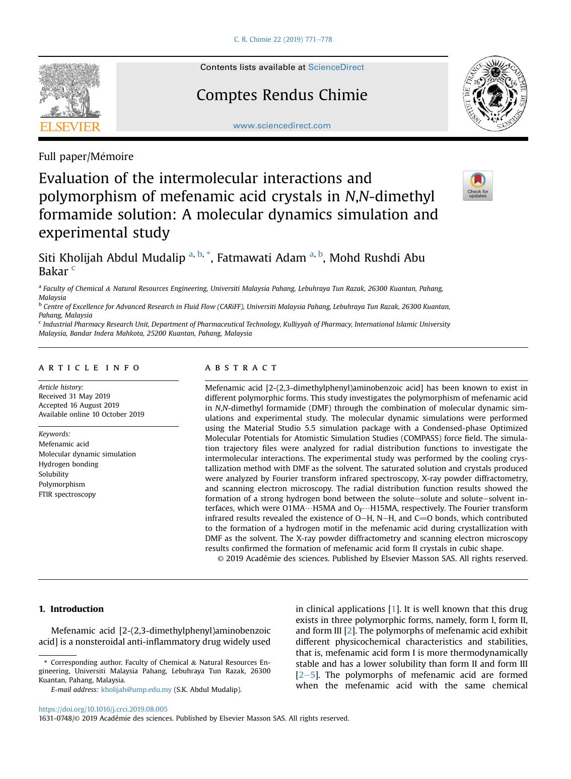 Evaluation of the intermolecular interactions and polymorphism of mefenamic acid crystals in N,N-dimethyl formamide solution: A molecular dynamics simulation and experimental study by Siti Kholijah Abdul Mudalip & Fatmawati Adam & Mohd Rushdi Abu Bakar