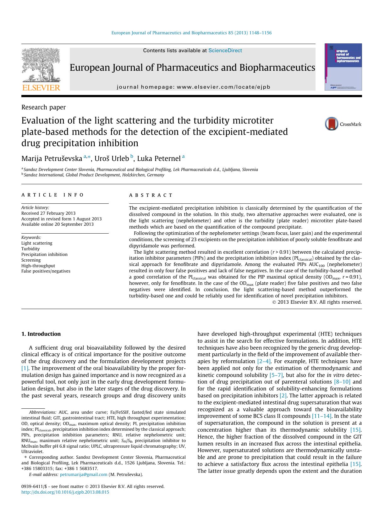 Evaluation of the light scattering and the turbidity microtiter plate-based methods for the detection of the excipient-mediated drug precipitation inhibition by Marija Petruševska & Uroš Urleb & Luka Peternel