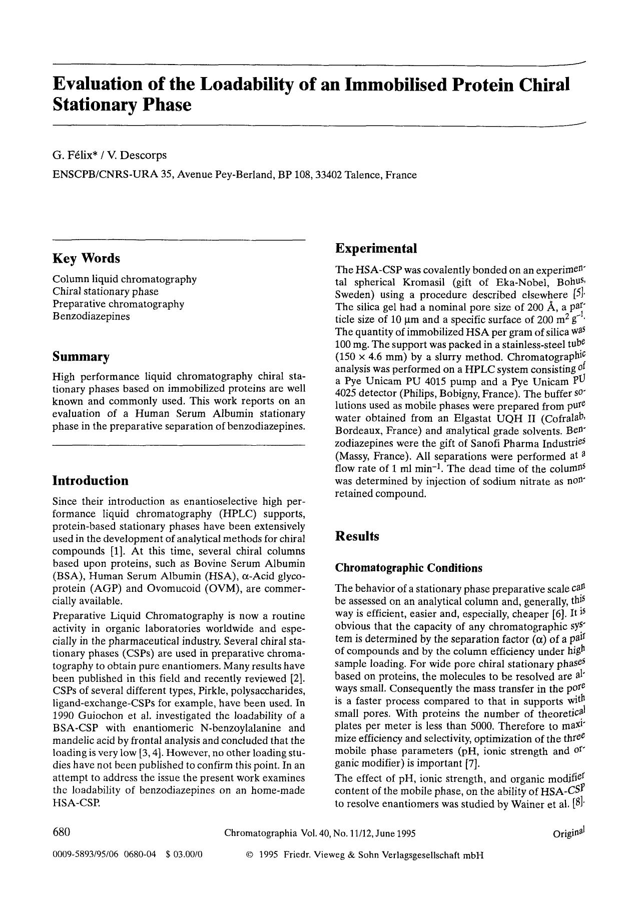 Evaluation of the loadability of an immobilised protein chiral stationary phase by Unknown