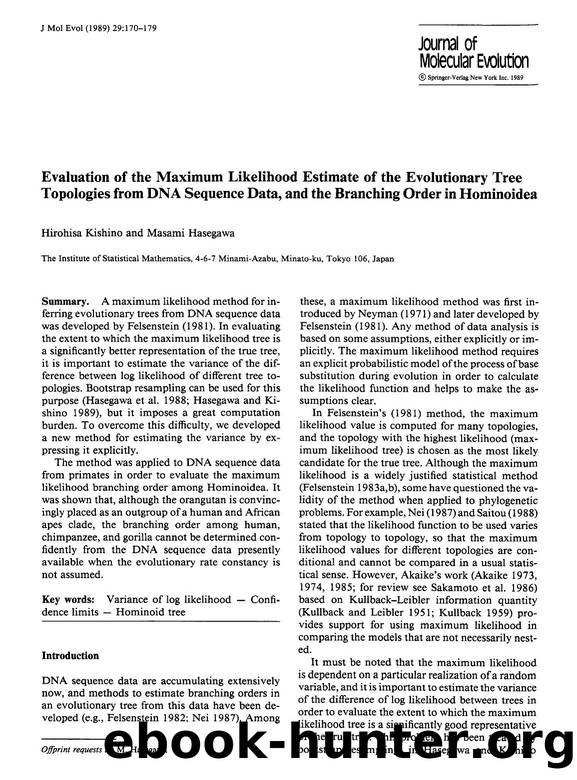 Evaluation of the maximum likelihood estimate of the evolutionary tree topologies from DNA sequence data, and the branching order in hominoidea by Unknown