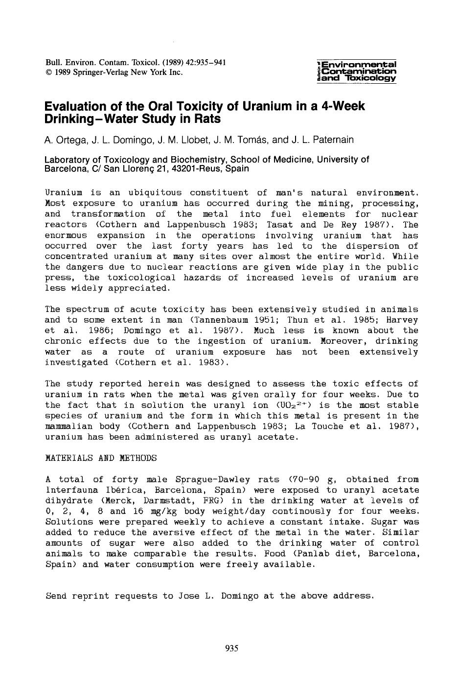 Evaluation of the oral toxicity of uranium in a 4-week drinking-water study in rats by Unknown