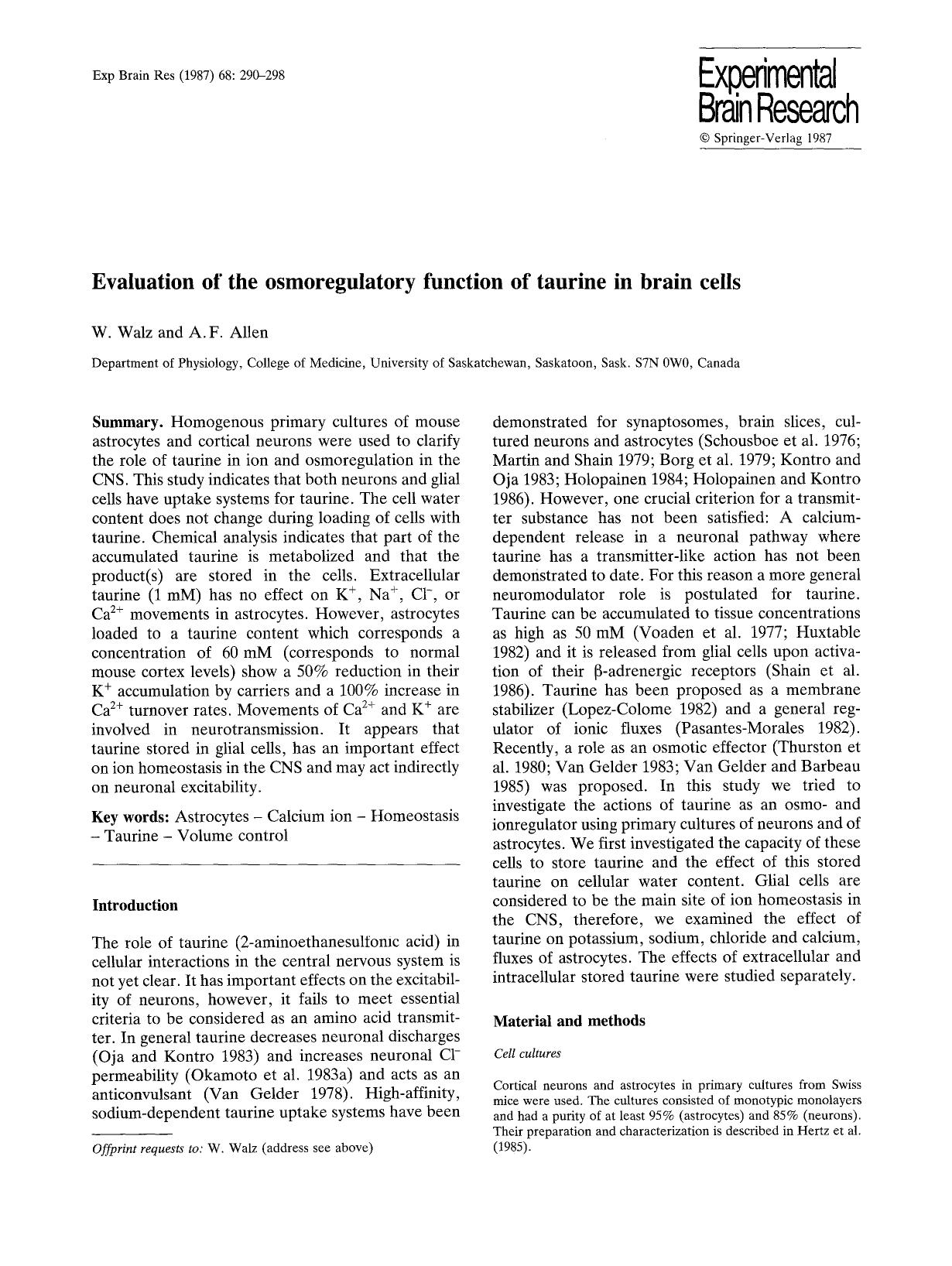 Evaluation of the osmoregulatory function of taurine in brain cells by Unknown