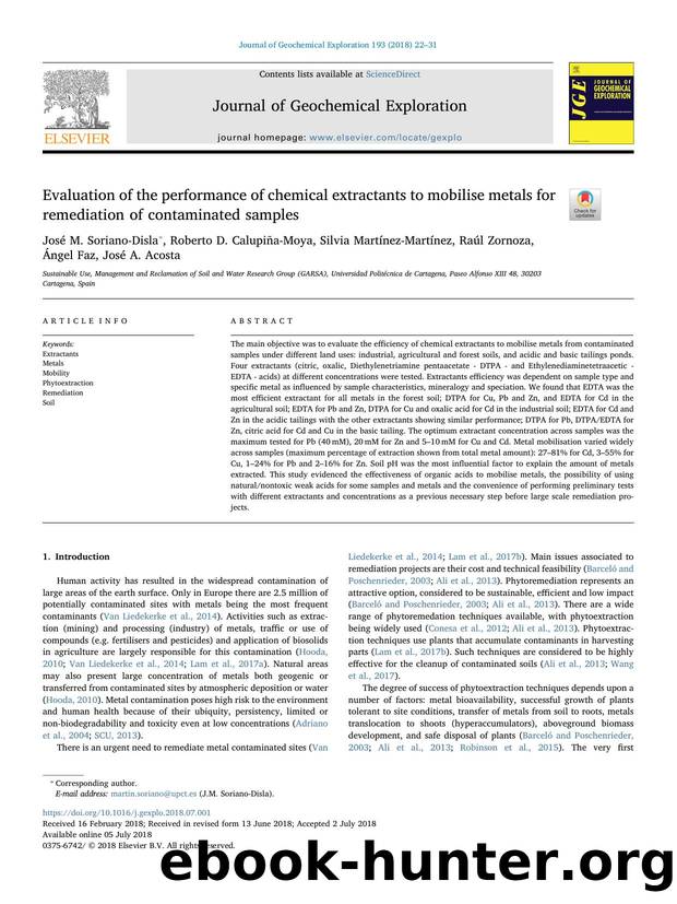Evaluation of the performance of chemical extractants to mobilise metals for remediation of contaminated samples by unknow