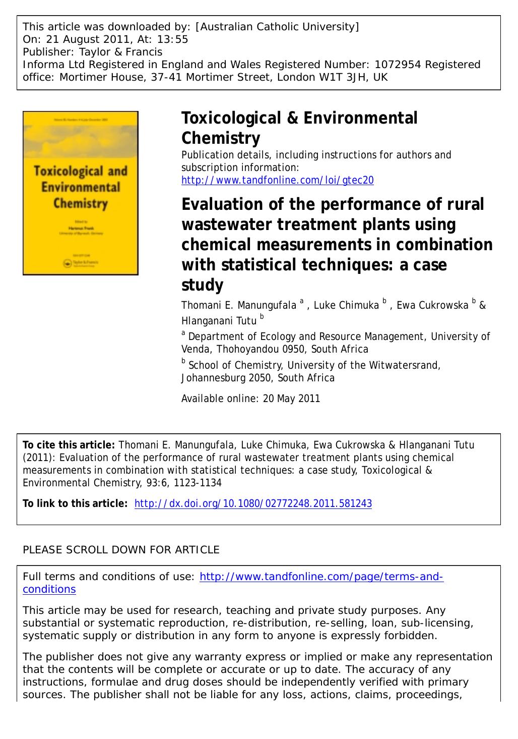 Evaluation of the performance of rural wastewater treatment plants using chemical measurements in combination with statistical techniques: a case study by unknow