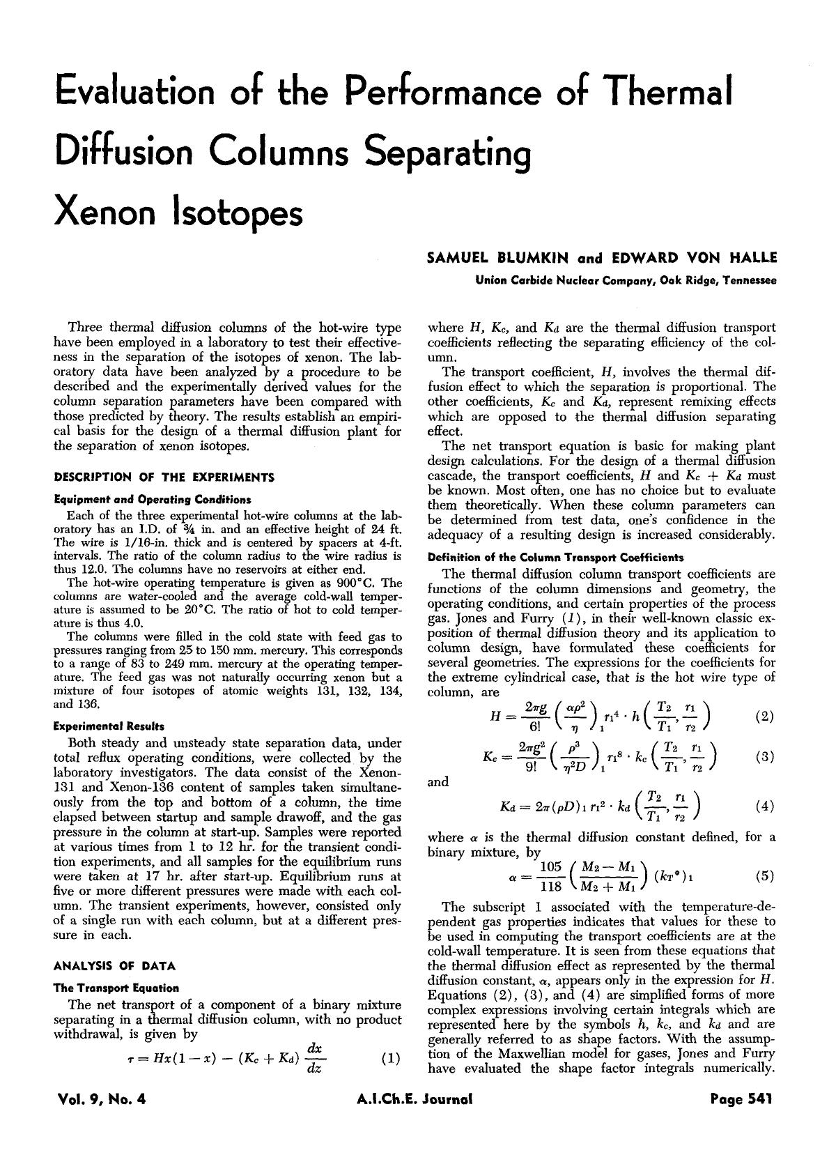 Evaluation of the performance of thermal diffusion columns separating xenon isotopes by Unknown